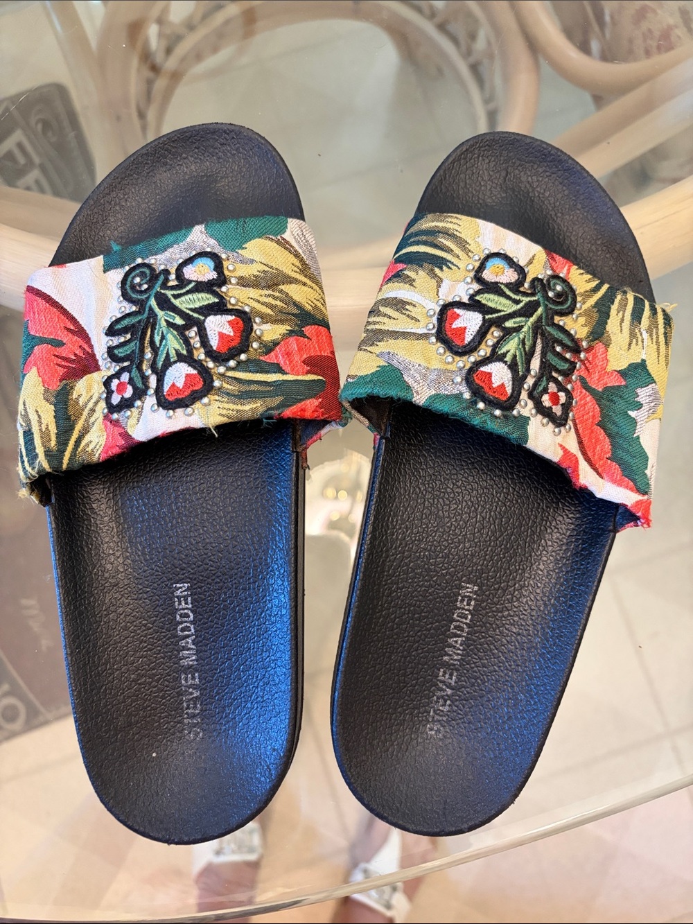 Steve Madden Black Slides with Multicolor Floral Embroidery & Silver Studs